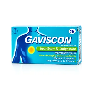 Gaviscon Peppermint ชนิดเม็ดเคี้ยว กาวิสคอน รสมินต์ ยาลดกรดไหลย้อน 16 เม็ด