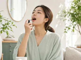 Throat spray for sore throat — woman using a natural throat spray