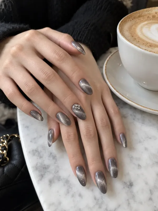 Silver Cat Eye gel nail design