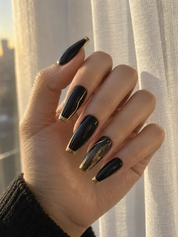 ลายเล็บเจลดำขลิบทอง (Black & Gold)