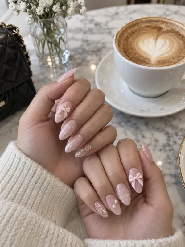 Ribbon Bow gel nail design