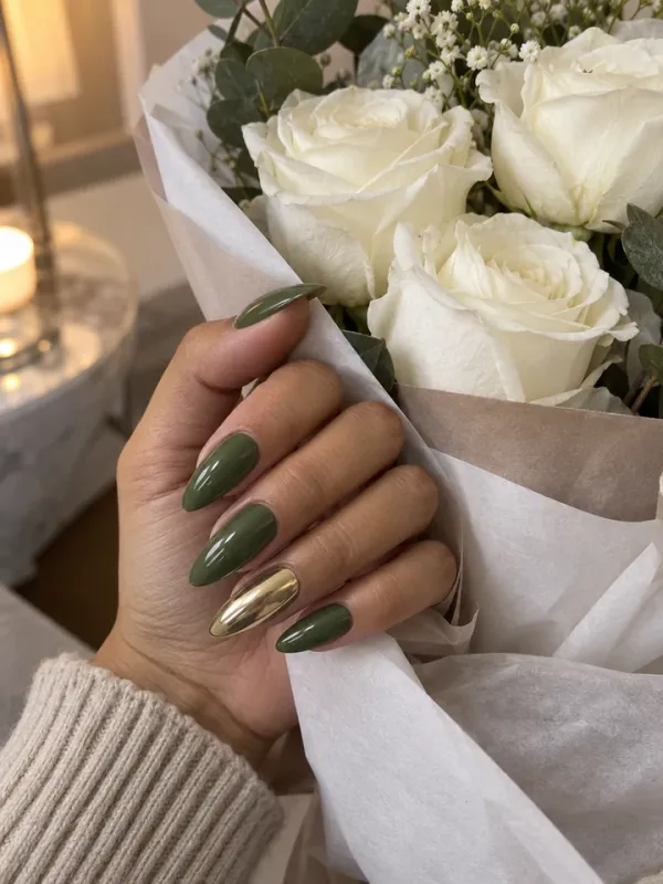 Olive Green gel nail design