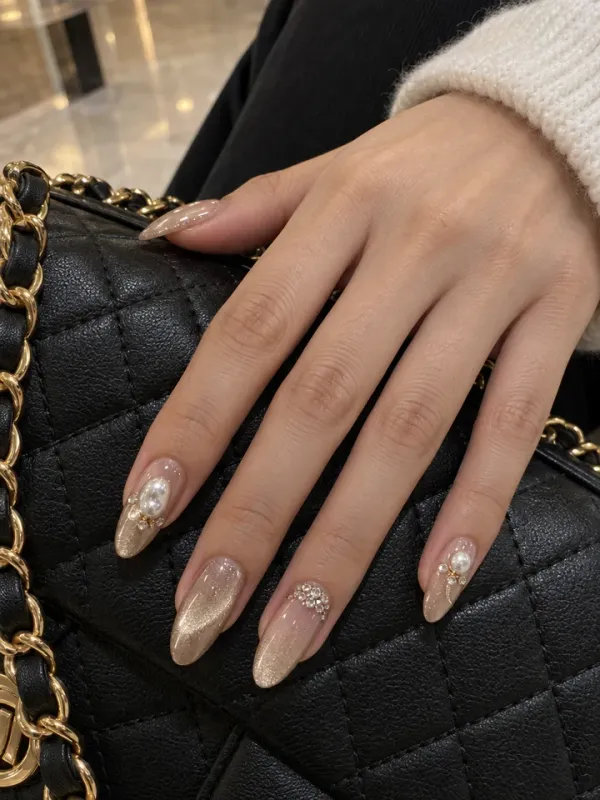 Champagne Cat-Eye Pearl gel nail design