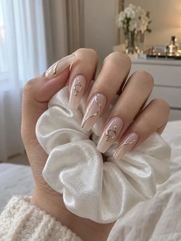 ลายเล็บเจลนู้ดชาร์มเงิน (Nude with Silver Charms)