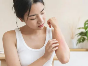 ยาเขียว อีสุกอีใส — หญิงสาวมีผื่นแดงคันที่แขนจากลมพิษ