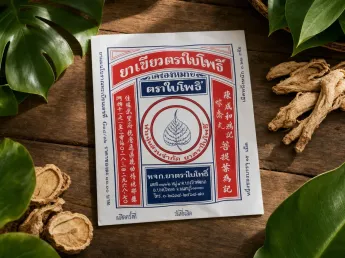 ยาเขียวตราใบโพธิ์ สรรพคุณ — ยาสมุนไพรแผนโบราณวางบนพื้นไม้กับใบไม้เขียว