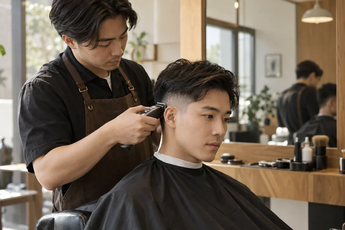 A barber tapering the side of a client's hair