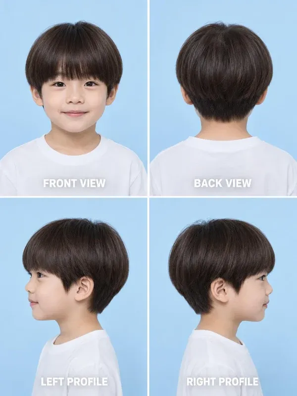 ทรงเห็ด (Mushroom Cut) ทรงผมเด็กชาย มุมหน้า หลัง ข้างซ้าย ข้างขวา