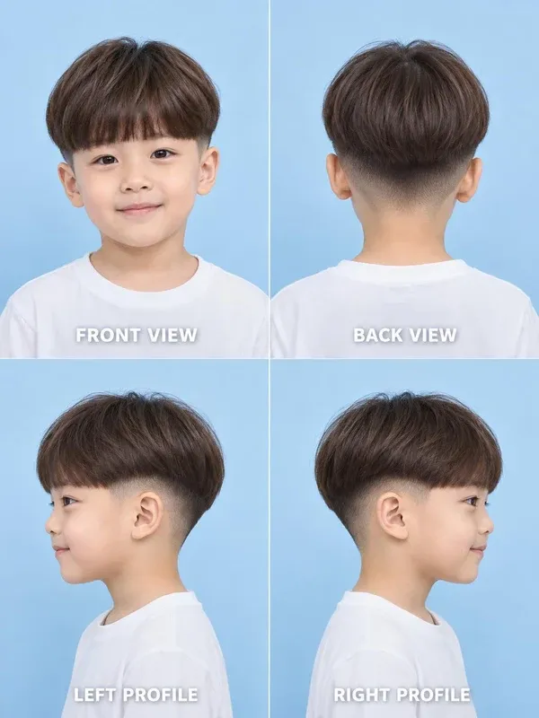 ทรงเห็ดเปิดข้าง (Mushroom Cut with Fade) ทรงผมเด็กชาย มุมหน้า หลัง ข้างซ้าย ข้างขวา