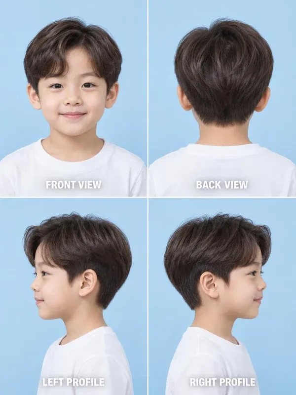 ทรงคอมม่า (Comma Hair) ทรงผมเด็กชาย มุมหน้า หลัง ข้างซ้าย ข้างขวา