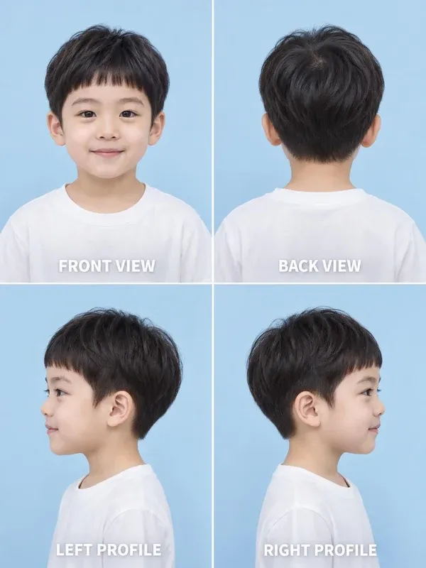 ทรงหน้าม้าเต่อ (Baby Bangs) ทรงผมเด็กชาย มุมหน้า หลัง ข้างซ้าย ข้างขวา
