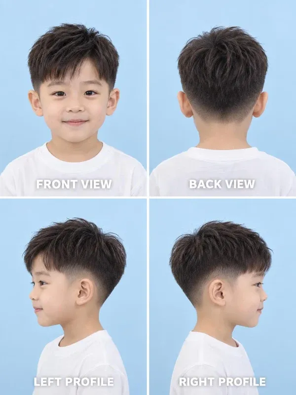 ทรงรองทรงต่ำ (Low Fade) ทรงผมเด็กชาย มุมหน้า หลัง ข้างซ้าย ข้างขวา