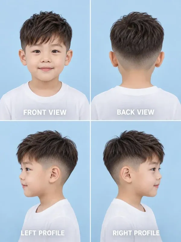 ทรงรองทรงกลาง (Mid Fade) ทรงผมเด็กชาย มุมหน้า หลัง ข้างซ้าย ข้างขวา
