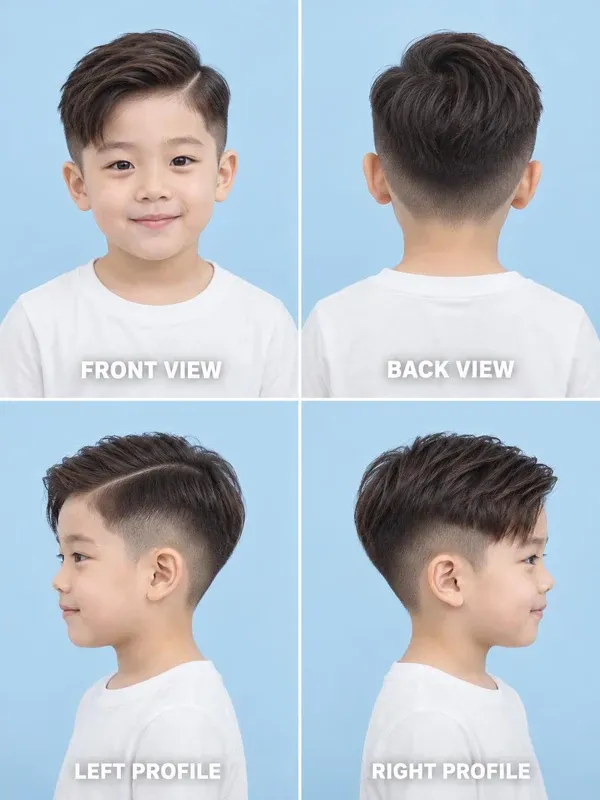 ทรงแสกข้างกรีดเส้น (Hard Part) ทรงผมเด็กชาย มุมหน้า หลัง ข้างซ้าย ข้างขวา