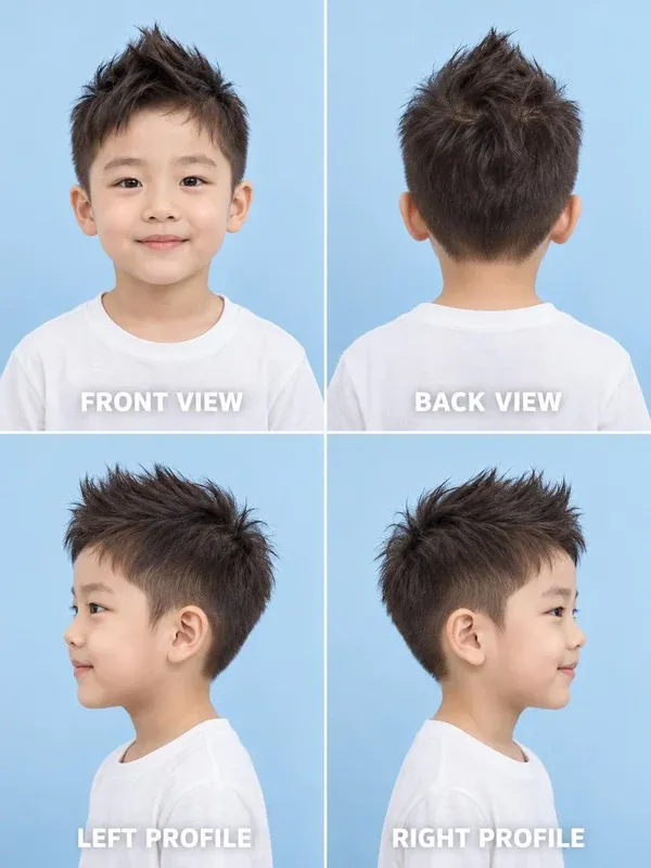 ทรงโมฮอว์กสั้น (Faux Hawk) ทรงผมเด็กชาย มุมหน้า หลัง ข้างซ้าย ข้างขวา
