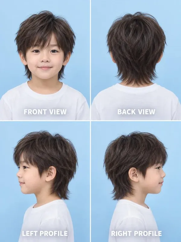 ทรงวูล์ฟคัตเด็ก (Kids Wolf Cut) ทรงผมเด็กชาย มุมหน้า หลัง ข้างซ้าย ข้างขวา