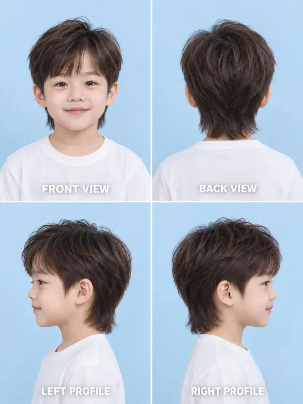 ทรงมัลเล็ตสั้น (Short Mullet) ทรงผมเด็กชาย มุมหน้า หลัง ข้างซ้าย ข้างขวา