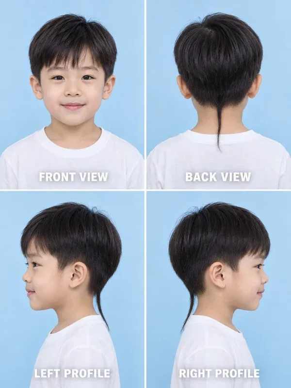 ทรงรากไทร (Rat Tail) ทรงผมเด็กชาย มุมหน้า หลัง ข้างซ้าย ข้างขวา