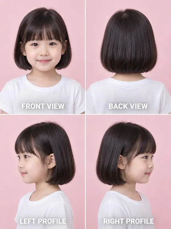 Bob with Bangs hairstyle for girls, front, back, left and right views