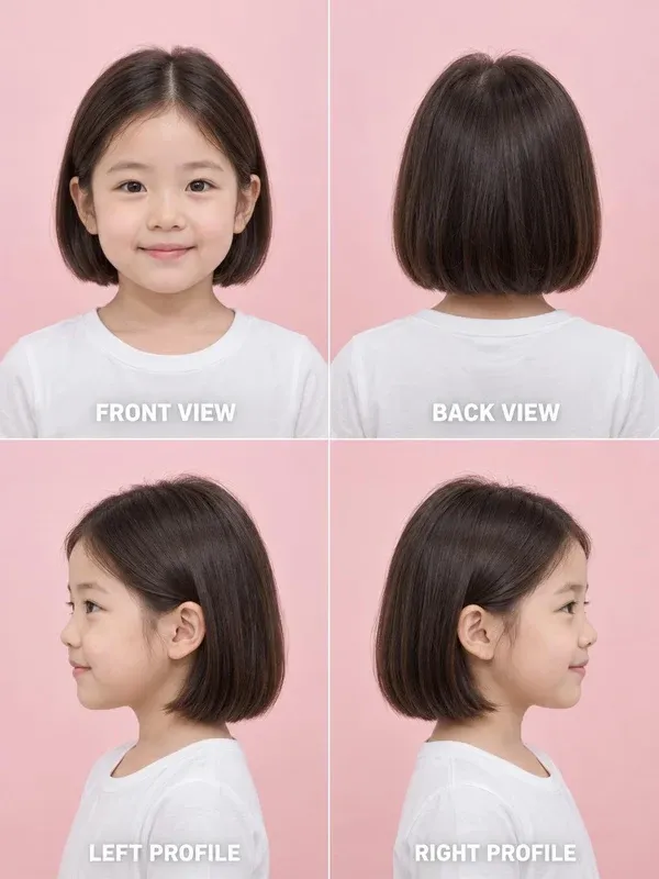 Chin-Length Bob hairstyle for girls, front, back, left and right views