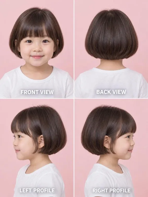 Mushroom Bob hairstyle for girls, front, back, left and right views