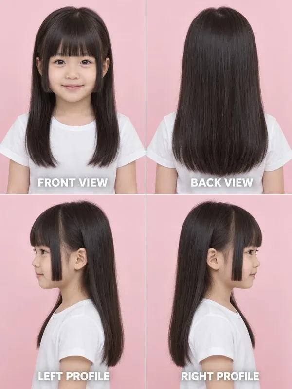 Hime Cut hairstyle for girls, front, back, left and right views