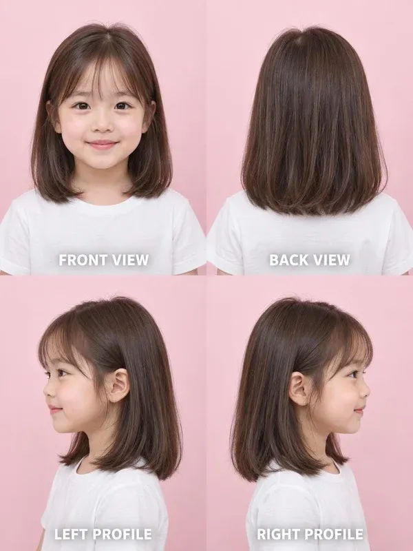Lob with See-Through Bangs hairstyle for girls, front, back, left and right views