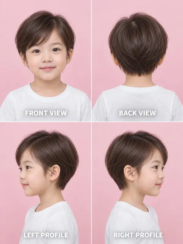 Kids Pixie hairstyle for girls, front, back, left and right views