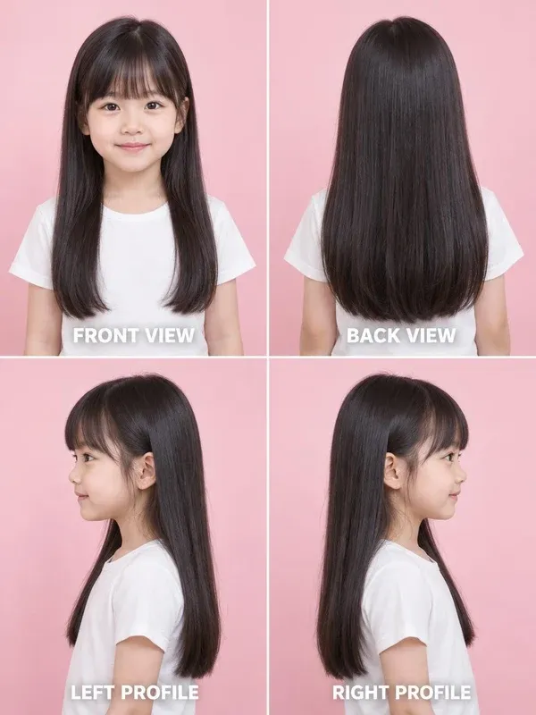 Long Hair with Bangs hairstyle for girls, front, back, left and right views