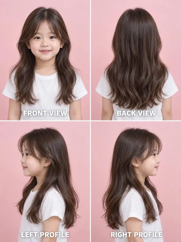 Long Layered hairstyle for girls, front, back, left and right views