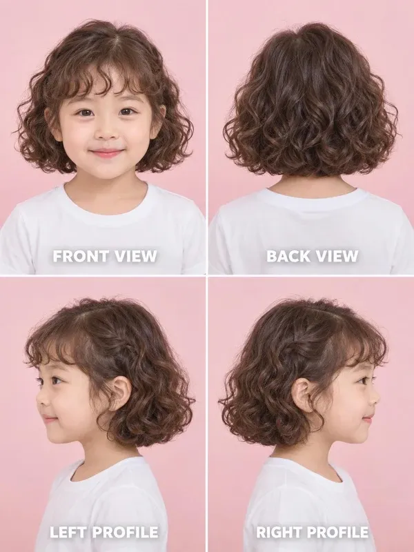 Curly Bob hairstyle for girls, front, back, left and right views