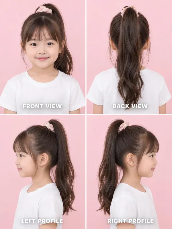 High Ponytail hairstyle for girls, front, back, left and right views