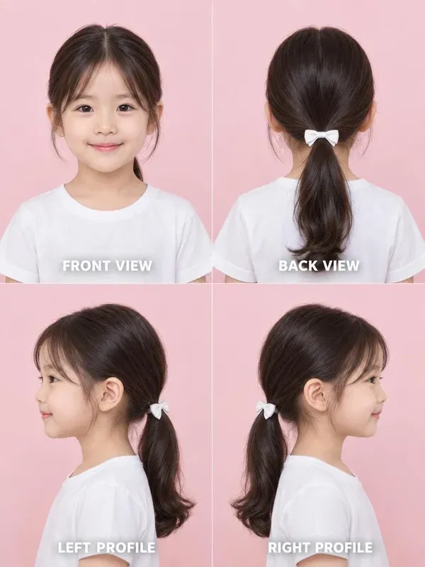 Low Ponytail hairstyle for girls, front, back, left and right views