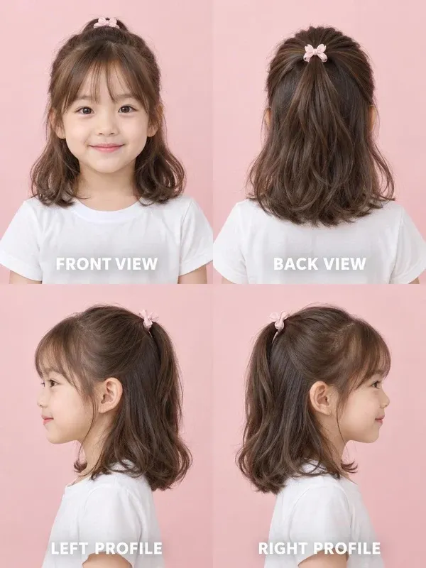 Half-Up hairstyle for girls, front, back, left and right views