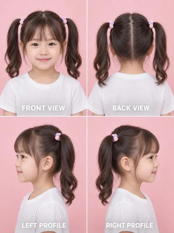Pigtails hairstyle for girls, front, back, left and right views