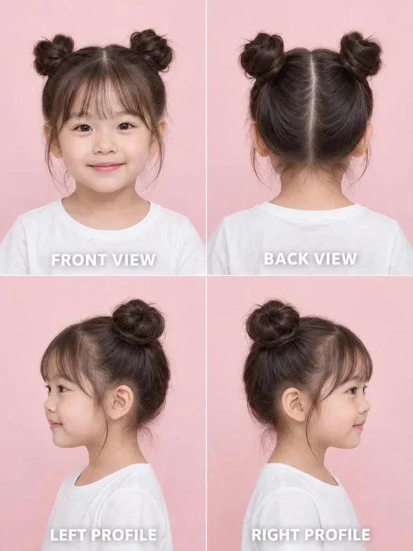 Space Buns hairstyle for girls, front, back, left and right views
