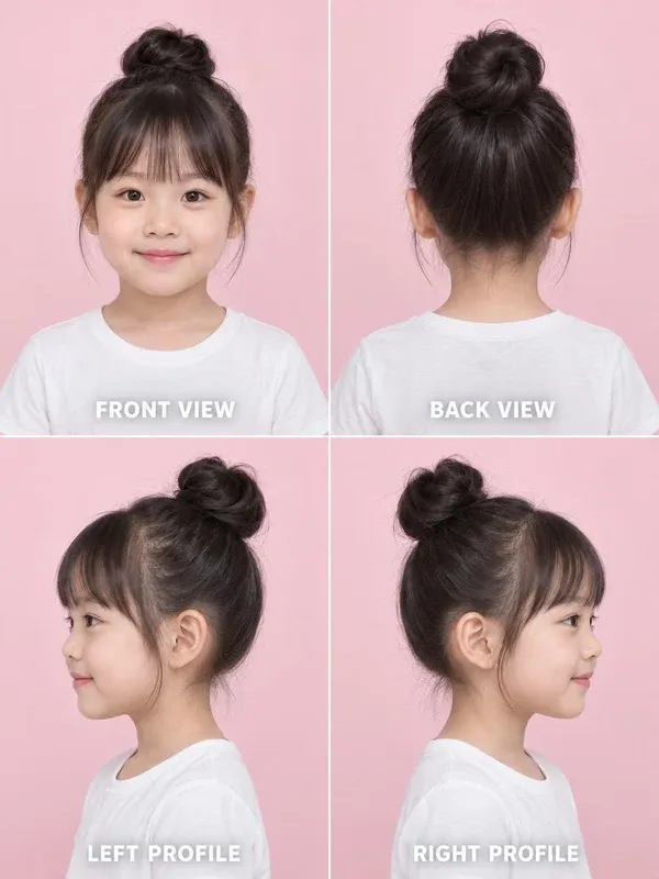 Top Bun hairstyle for girls, front, back, left and right views