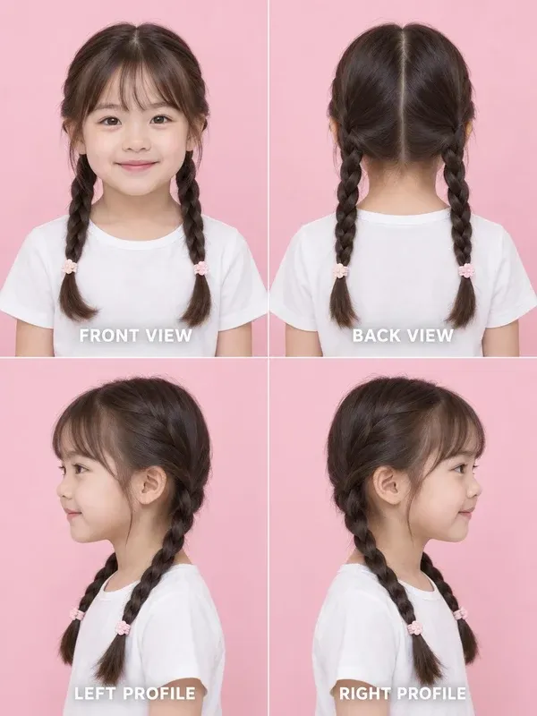 Two Braids hairstyle for girls, front, back, left and right views