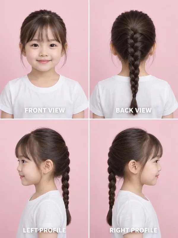 Single Braid hairstyle for girls, front, back, left and right views