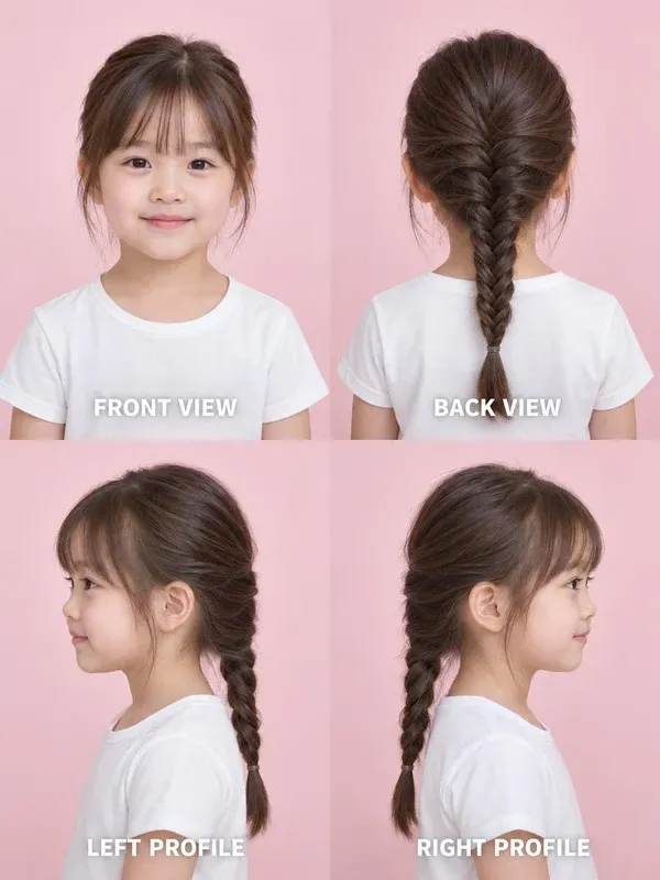Fishtail Braid hairstyle for girls, front, back, left and right views