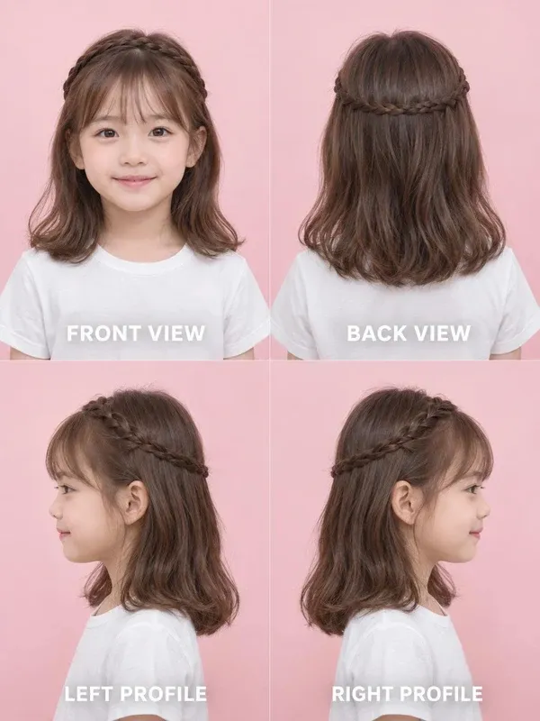 Headband Braid hairstyle for girls, front, back, left and right views