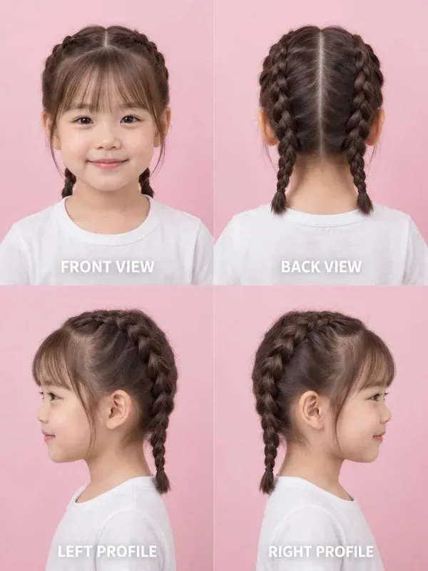 Dutch Braids hairstyle for girls, front, back, left and right views