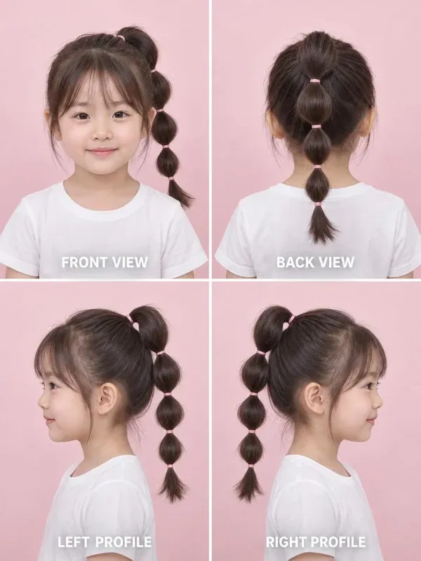 Bubble Ponytail hairstyle for girls, front, back, left and right views