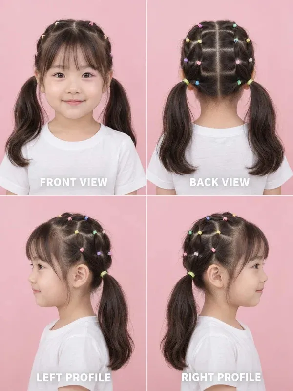 Mini Ponytails hairstyle for girls, front, back, left and right views
