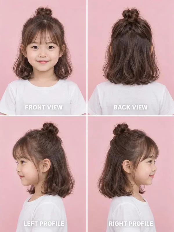 Half-Up Bun hairstyle for girls, front, back, left and right views