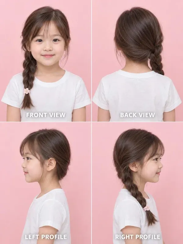 Side Braid hairstyle for girls, front, back, left and right views