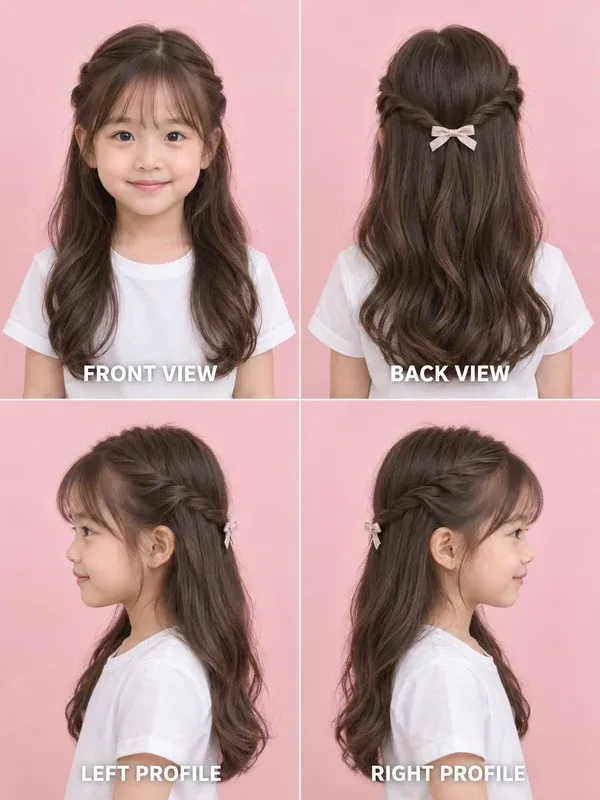 Twisted Half-Up hairstyle for girls, front, back, left and right views