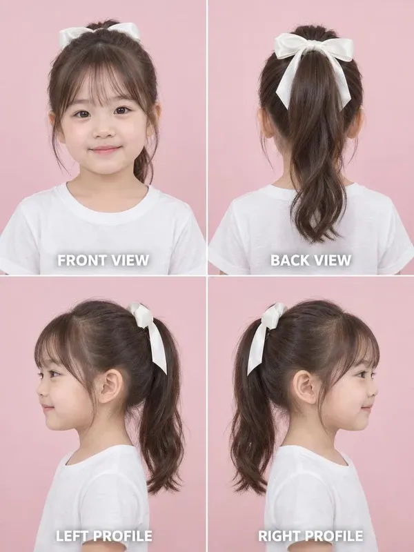 Ribbon Ponytail hairstyle for girls, front, back, left and right views
