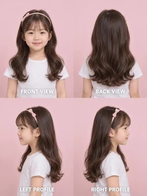 Princess Curls hairstyle for girls, front, back, left and right views