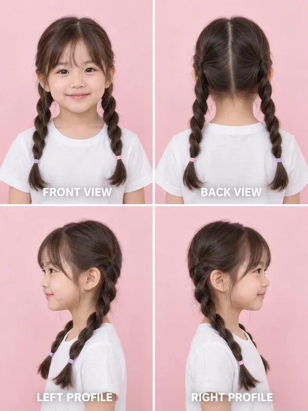 Twist Braids hairstyle for girls, front, back, left and right views
